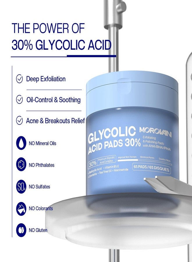 Morovan Glycolic Acid Pads 30%: Dual-Sided Face Exfoliator for Blemishes and Deep Cleaning, Clarifying Skin Tone, At-Home Peel, 65 Pads - Image 2